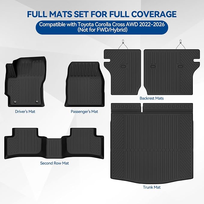 Custom Fit Floor Mats for 2022-2026 Toyota Corolla Cross Gas AWD (Not for FWD/Hybrid), All Weather TPE Floor Liners & Trunk Mat & Backrest Protectors, Odorless Full Set Interior Accessories