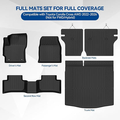 Custom Fit Floor Mats for 2022-2026 Toyota Corolla Cross Gas AWD (Not for FWD/Hybrid), All Weather TPE Floor Liners & Trunk Mat & Backrest Protectors, Odorless Full Set Interior Accessories