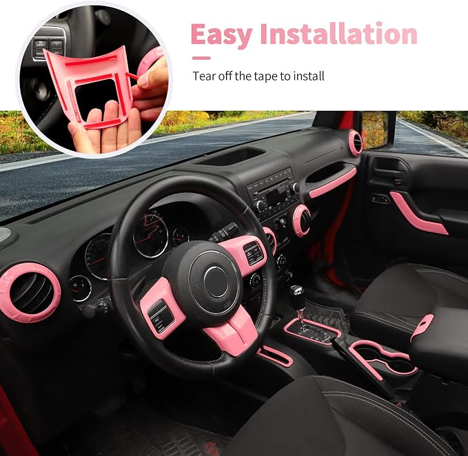 18PCS Full Set Interior Trim Kit for Jeep Wrangler JK JKU 2011-2018 4 Door,Center Console Door Handle Side Outlet Cup Holder Gear Cover Trim (Pink)