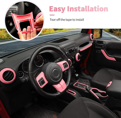 18PCS Full Set Interior Trim Kit for Jeep Wrangler JK JKU 2011-2018 4 Door,Center Console Door Handle Side Outlet Cup Holder Gear Cover Trim (Pink)