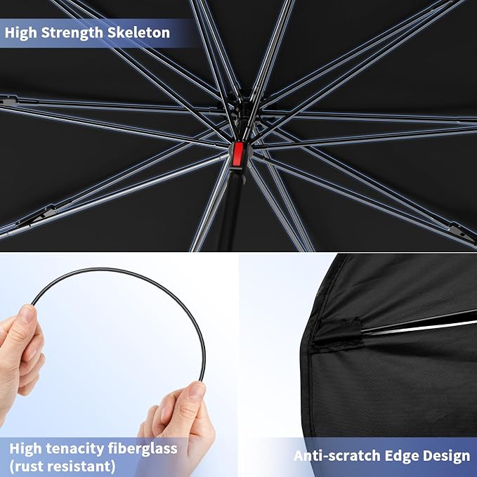 Car Windshield Sun Shade - Universal 55"x31" Front Window Sunshield with Heat-Blocking Titanium Coating, Compact Umbrella Design, for Sedan, SUV, Truck