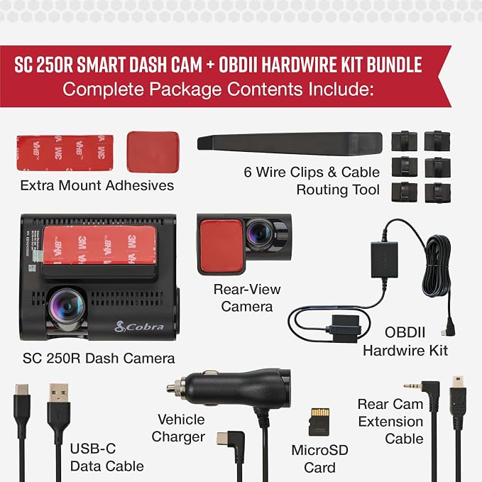Cobra SC 250R Smart Dash Cam + Cobra 2.5A DIY Hardwire Kit - OBDII Port to USB-C/Micro-USB with 15ft Cable