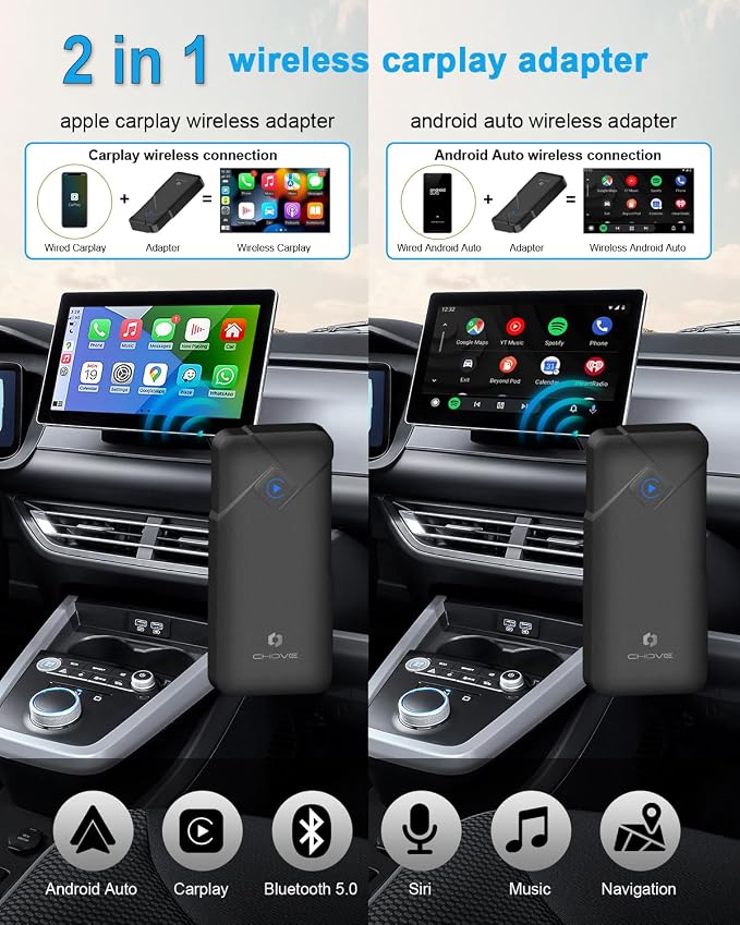 CHOVE 2-in-1 Wireless CarPlay & Android Auto Adapter, Upgrade Wired to Wireless, Compatible with iOS 10& Android