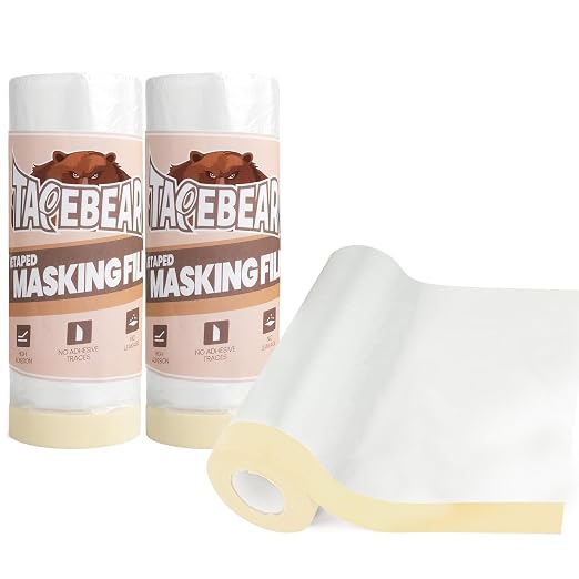 TAPEBEAR Pre-Taped Masking Film 5feet x 90feet(1400mmx 27m), Plastic Cover for Painting, Tape and Drape, Plastic Sheeting for Automotive, Floor, Appliance and Furniture, 3Rolls