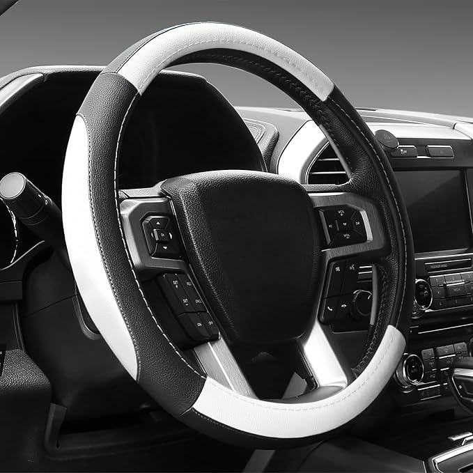 SEG Direct Car Steering Wheel Cover Universal Standard Size 14.5-15 inch, Black and White Microfiber Leather