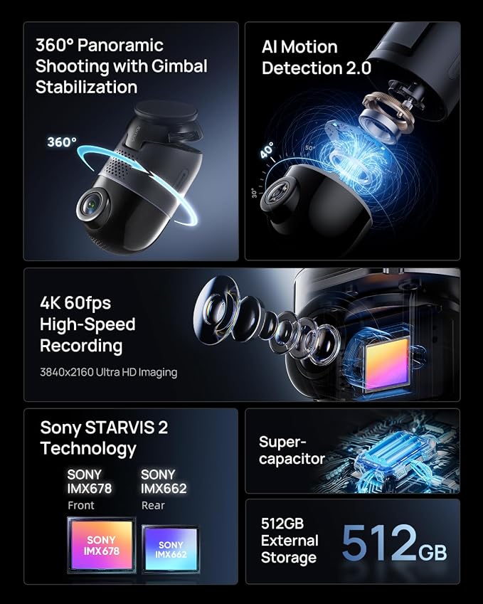 70mai Dual Dash Cam Front and Rear 4K, Car Camera for Cars with Sony IMX678, STARVIS 2 Night Vision, 4G LTE, AI Motion Detection, ADAS, 5GHz Wi-Fi 6, Parking Monitor, Voice Control (4K Omni X800)
