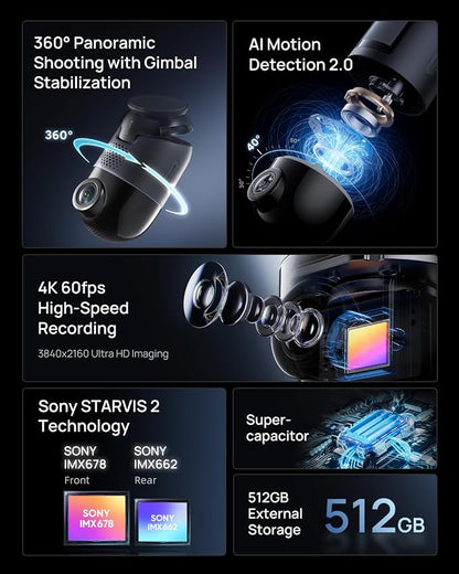 70mai Dual Dash Cam Front and Rear 4K, Car Camera for Cars with Sony IMX678, STARVIS 2 Night Vision, 4G LTE, AI Motion Detection, ADAS, 5GHz Wi-Fi 6, Parking Monitor, Voice Control (4K Omni X800)
