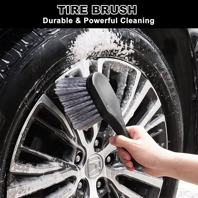 9Pcs Car Wheel & Tire Brush Kit, Wheel Cleaner Brush, Soft-bristled Rim Brush, Tire Shine Applicator Pad, Car Wash Mitt, Towel, Car Detailing Cleaning Wash Brush Supplies Kit