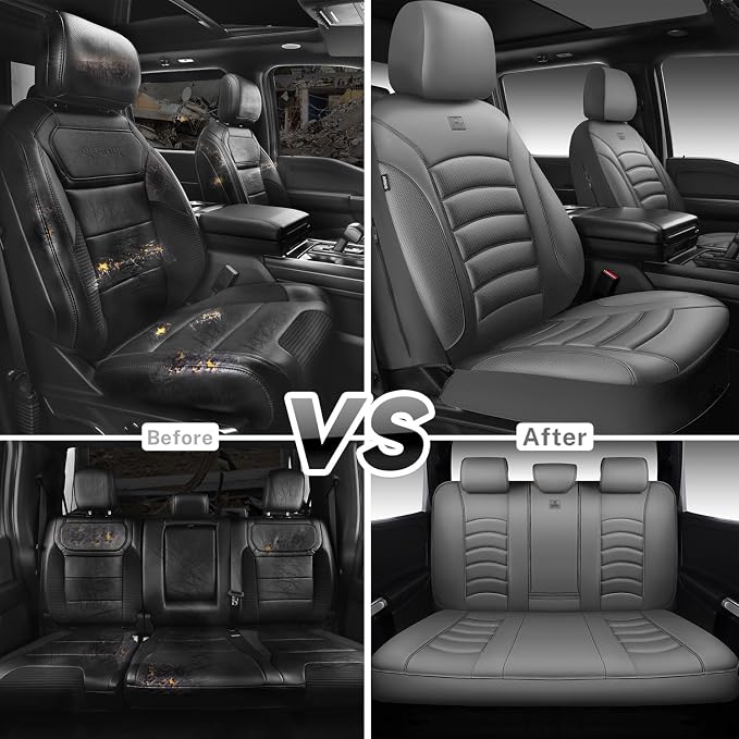 CAR PASS 3D Foam PU Leather Car Seat Covers, Universal Seat Covers Full Sets for Trucks SUV Sedan Automotive Seat Covers Armrest Airbag Compatible Waterproof Comfortable Faux Nappa Leather All Gray