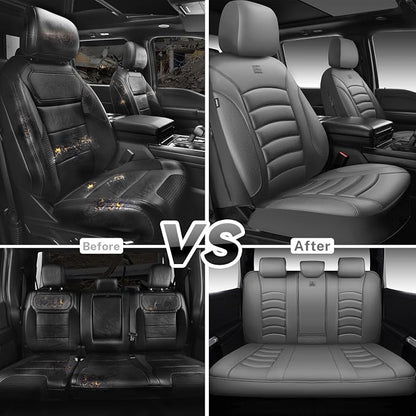 CAR PASS 3D Foam PU Leather Car Seat Covers, Universal Seat Covers Full Sets for Trucks SUV Sedan Automotive Seat Covers Armrest Airbag Compatible Waterproof Comfortable Faux Nappa Leather All Gray