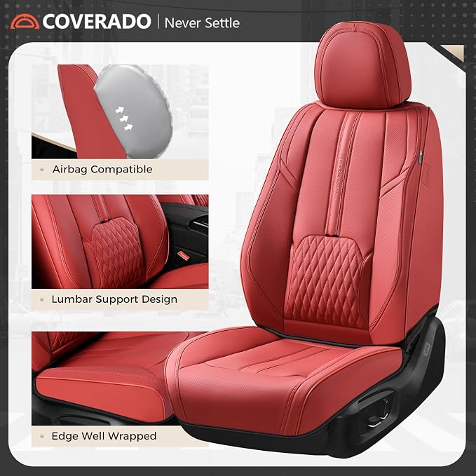 Coverado Front and Back Seat Covers, Red Seat Cover for Cars, Luxury Leather Seat Cover with Lumbar Support, Waterproof Car Seat Cushions Car Seat Protectors Universal Fit for Most Cars SUV Trucks