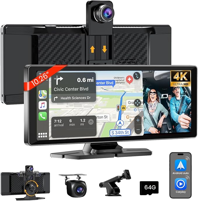 10.26" HD Carplay Screen for Car Stereo, 4K Dash Cam Wireless Portable Touch Screen Car Play with Apple Carplay & Android Auto with 1080P Back Up Camera, Bluetooth, Mirror Link, GPS, AUX+64GB