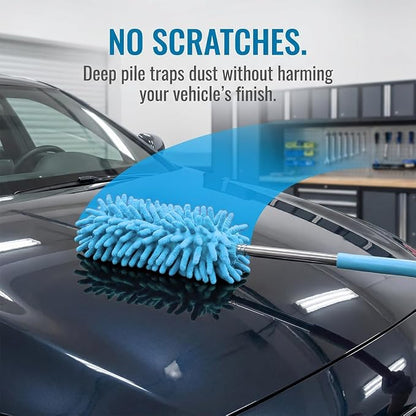 2PCS Car Interior Duster with Extension Pole, 9.45" to 28.35" Microfiber Soft Vehicle Dash Dusting Detailing Wash Brushes, Automotive Dash Cleaning Tool, Universal for SUV RV Truck (Blue)