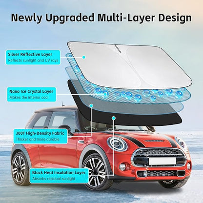 Windshield Sun Shade for BMW Mini Cooper 2014-2025 Sunshade 300T Windshield Cover Shield Protector Blocks UV Rays Custom Fit Front Window Shades Windshield Accessories Keep Cool Foldable