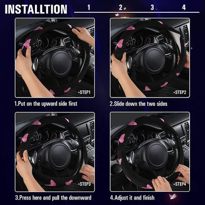 Car Pass Pink Embroidery Butterfly Steering Wheel Cover, Universal 15 Inch Car Wheel Cover for Women Girls, Fit for Suvs,Small Trucks,Sedans,Cars (Black and Pink)