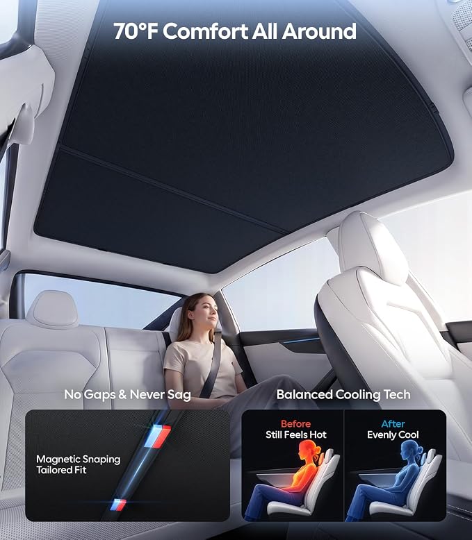 Wigoo Tesla Model Y Sunshade Roof [Never Sag, Nano Ice-Crystal Coatings] 3-Gen Heat Insulation Glass Roof Sun Shade, Accessories for Tesla Model Y 2020~2025, Black
