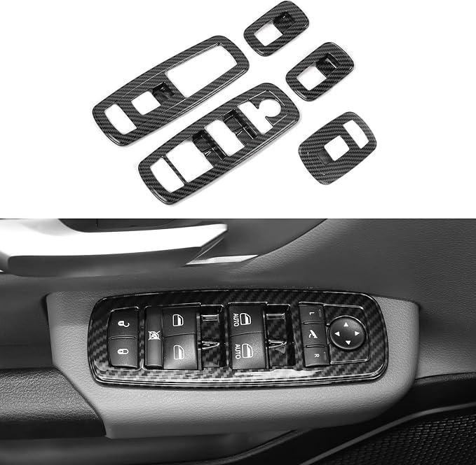 Carbon Fiber Window Lift Switch Cover Interior Button Trim Kit Compatible with 2018-2025 Dodge RAM