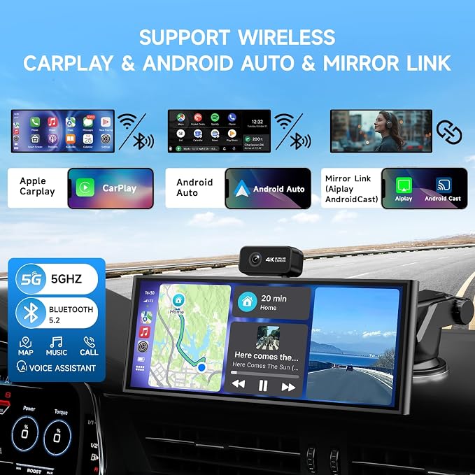 CarPlay Screen for Car Tablet Android Auto Smart Screen for Car, 4K Dash Cam Portable Car Play with 3 Channel Camera,10.26” Wireless Display with FM Radio Stereo Bluetooth 5.2, 128GB TF Card Black