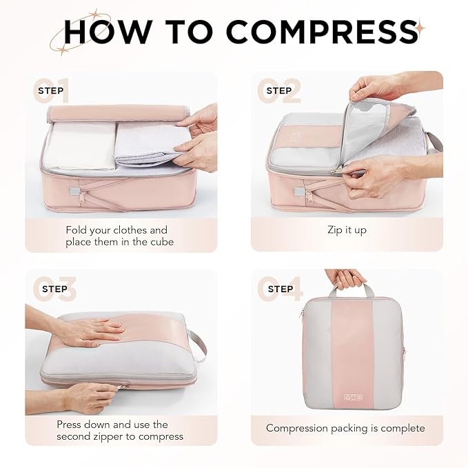 OlarHike 2 Set Compression Packing Cubes for Travel Essentials,Compressible Expandable Space Saver Bags for Organizing Clothes,Luggage Suitcase Garment Bags with Over 1000 pcs Mesh Holes(Beige)