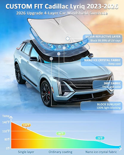 Windshield Sunshade for Cadillac Lyriq 2023-2026 Sun Shade Car Windshield Accessories Technology Upgrade 4 Layers Blocks UV Rays Custom Fit Lyriq 240T Car Window Shades Windshield Keep Cool