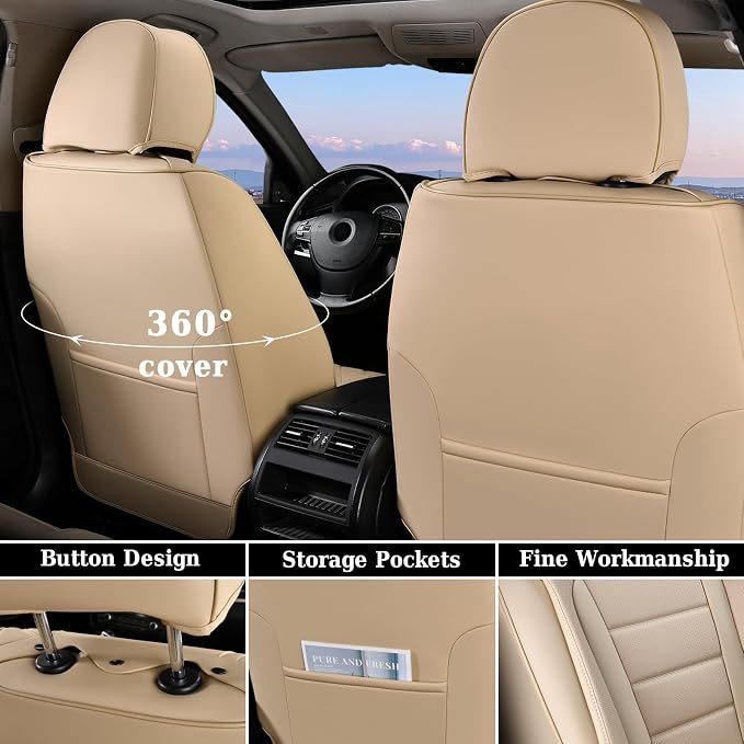 Coverado Car Seat Covers Front Seats, Car Seat Cover Beige, Car Seat Protector, Car Seat Cushion Nappa Leather, 2-Pack Waterproof Seat Covers Carseat Cover Universal Fit for Most Cars Trucks