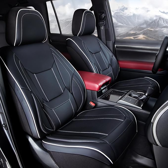 Coverland Custom Truck Car Seat Covers Front Seats for [2017-2025 F150 Raptor Super, SuperCrew Cab] - Protector Water Resistant Leather Memory Form Seat Cushion [Front - Black with White Stitching]