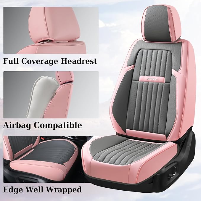 Coverado Car Seat Covers Front, Seat Covers for Cars, Waterproof 2-Pack Car Seat Cushions, Leather Carseat Seat Protectors, Universal Seat Covers Fit for Most Sedans SUV Pick-up Trucks(Pink&Grey)