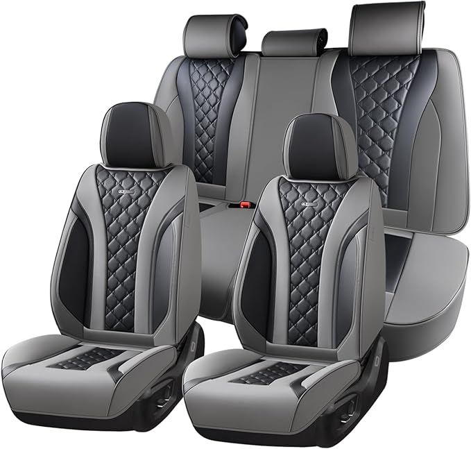Coverado Car Seat Covers, Seat Covers Full Set, Gray and Black Car Seat Cover, Perforated Diamond Leather Seat Covers for Cars, Luxury Car Seat Cushion, Auto Seat Covers Universal Fit Most Cars