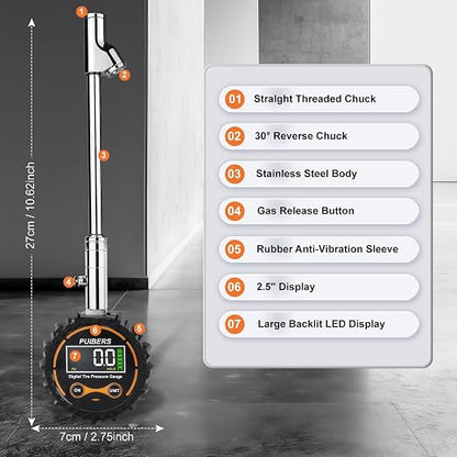 Semi Truck Digital Tire Pressure Gauge 200 PSI with LCD Color Screen, Heavy Duty Dual Head Chuck Tire Guage, ANSI B40.1 Certified - for Semi Trucks, Trucks, Cars, SUVs