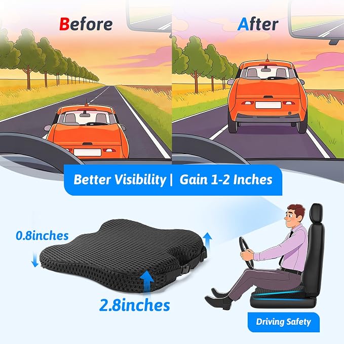 Wedge Car Seat Cushion for Better Visibility & Sciatica Pain Relief - High Density Memory Foam, Non-Slip Ergonomic Car Seat Cushion for Driving, Universal Fit for Car, SUV,Truck & Tractor (All Black)