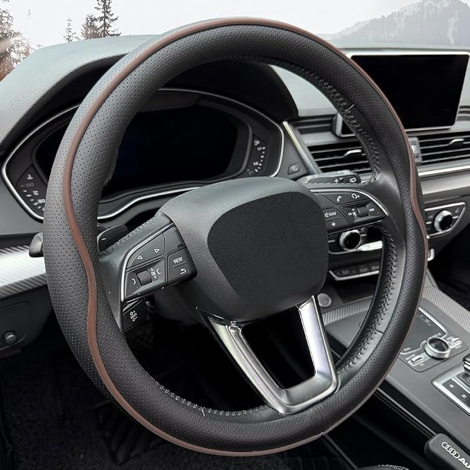 HAOTULE Leather Steering Wheel Cover， with Anti-Slip Stripe Design - Enhanced Grip, Fashion Style, Safe, Non-Slip, Breathable. Upgrade car Interior，Black Brown