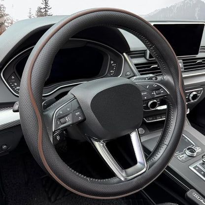 HAOTULE Leather Steering Wheel Cover， with Anti-Slip Stripe Design - Enhanced Grip, Fashion Style, Safe, Non-Slip, Breathable. Upgrade car Interior，Black Brown
