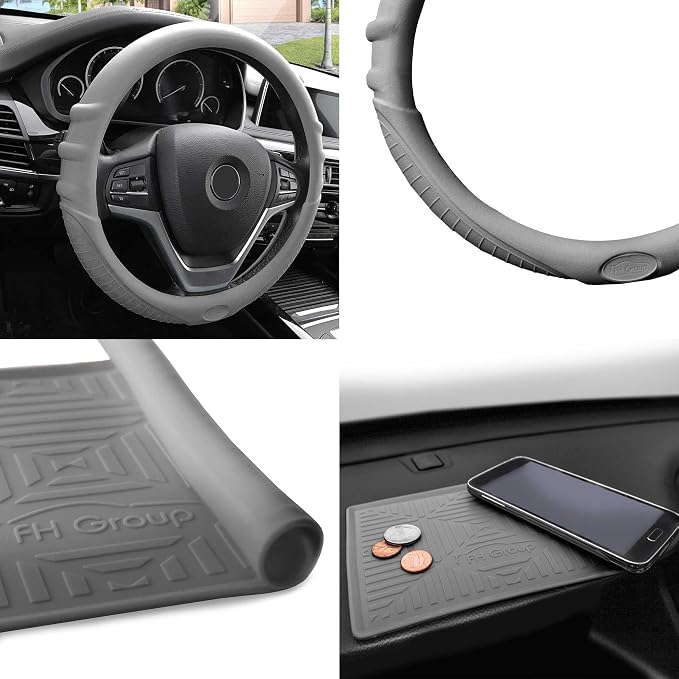 FH Group Universal Fit Silicone with Grip and Pattern Massaging Grip Steering Wheel Cover fits most Cars, SUVs, Trucks, and Vans Gray