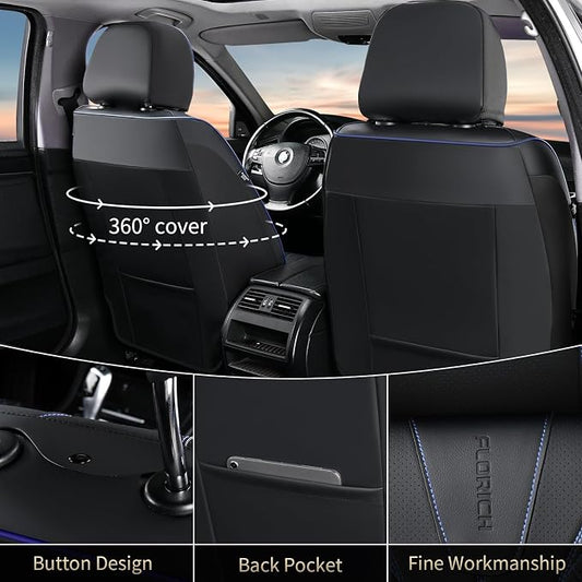 FLORICH Automotive Car Seat Covers Front Seat, Leather Car Seat Cover 2 Pack Waterproof Front Seat Covers Full Coverage Driver Seat Protector Universal Fit for Most Cars SUV Trucks, Black&Blue Line