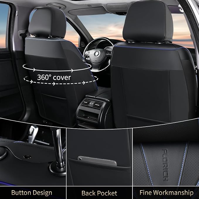 FLORICH Leather Seat Covers for Cars, Car Seat Cover Full Set Luxury Faux Leather Waterproof Seat Cover Full Coverage Seat Protector Universal Fit for Most Cars SUV Trucks, Black&Blue Line