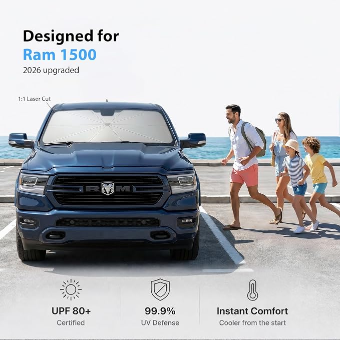 for Ram 1500 Windshield Sun Shade Umbrella [10-Rib Anti-Sagging, 100% Full Cab UV Block] Custom Fit Foldable Sunshade with Fast Storage Bag, for Ram 1500 (2011-2025)