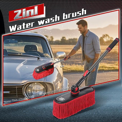 Car Duster Exterior with Extendable Handle, Scratch Free Auto Wash Brush Mop, Interior Detailing Kit for Truck RV Boat - 2in1-2 Heads (Chenille & Wax Cotton) with 1 Pole, Red Black