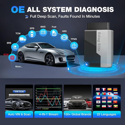 Ediag Elite KINGBOLEN Bluetooth OBD2 Scanner, Lifetime NO Cost Update Bidirectional Scan Tool for iOS & Android, Wireless Full System Car Diagnostic Scanner, 15+ Reset Service, CANFD, FCA AutoAuth