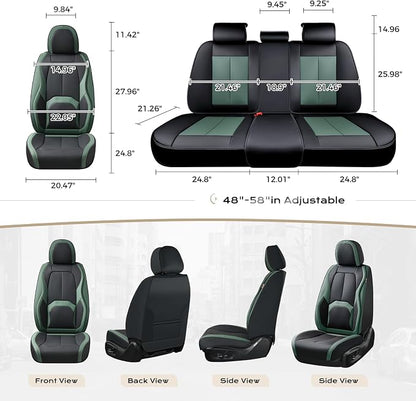 Coverado Car Seat Covers Full Set, Green Car Seat Cover, Car Leather Seat Protector with Lumbar Support, Waterproof Car Seat Cushion, Leather Seat Covers Universal Fit Most Cars, (Black&Green)