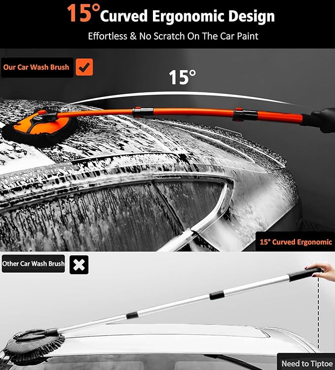 YeewayVeh Car Wash Brush, 43" Extendable Car Wash Brush Mop with Long Handle, 15 Degree Curved Soft Car Washing Brushes with Extra Microfiber Brush Head for Truck SUV Cleaning, Orange