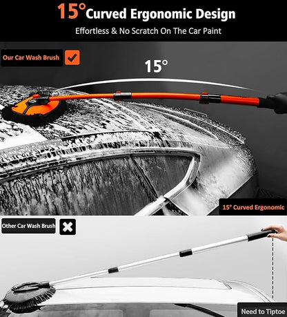 YeewayVeh Car Wash Brush, 43" Extendable Car Wash Brush Mop with Long Handle, 15 Degree Curved Soft Car Washing Brushes with Extra Microfiber Brush Head for Truck SUV Cleaning, Orange