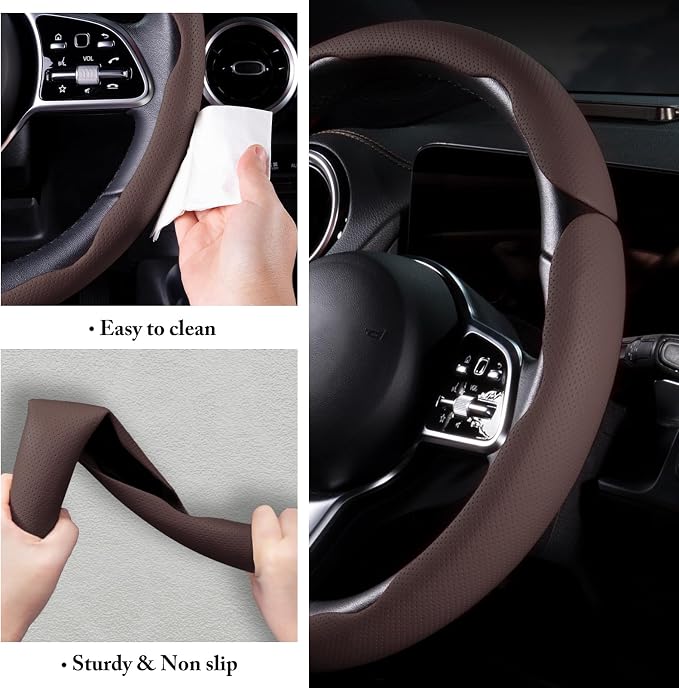 Car Steering Wheel Cover Leather Snap On 3Pcs Set Non-Slip Protector Wrap Steering Wheel Accessories 14.5-15 inch Universal Brown