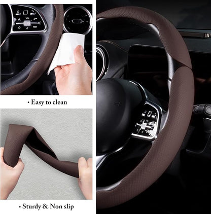 Car Steering Wheel Cover Leather Snap On 3Pcs Set Non-Slip Protector Wrap Steering Wheel Accessories 14.5-15 inch Universal Brown
