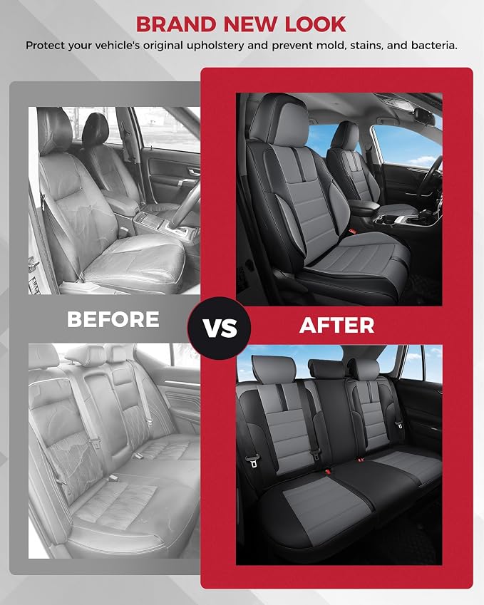 FREESOO Universal Full Seat Covers, Waterproof Faux Leather Automotive Seat Covers with Carbon Fiber Texture Seat Belt Pads, Anti-Slip Airbag Compatible Car Seat Covers for Cars SUVs Trucks