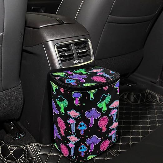 Rainbow Trippy Mushroom Print Car Trash Can with Lid and Zipper Portable Foldable Garbage Can Bag Hanging for Headrest Leakproof Organizer and Storage Bag Retro Car Interior Accessories