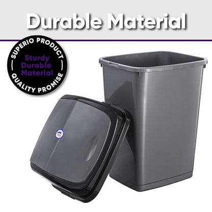 Superio Kitchen Trash Can 13 Gallon with Swing Lid, Plastic Tall Garbage Can Outdoor and Indoor, Large 52 Qt Recycle Bin and Waste Basket for Home, Office, Garage, Patio, Restaraunt (Grey/Black)