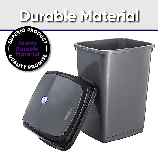 Superio Kitchen Trash Can 13 Gallon with Swing Lid, Plastic Tall Garbage Can Outdoor and Indoor, Large 52 Qt Recycle Bin and Waste Basket for Home, Office, Garage, Patio, Restaurant (2, Grey)