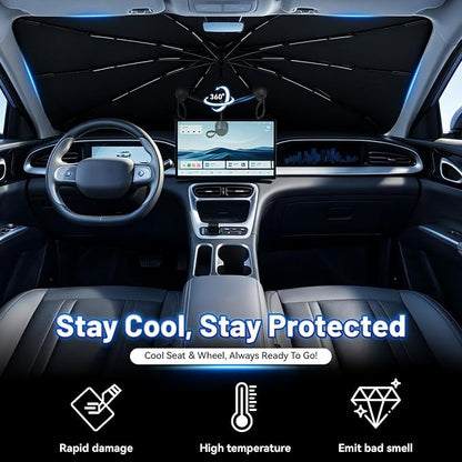 Foldable Car Windshield Sun Shade Umbrella with Rearview Mirror Notch, Titanium Silver UV Blocker for Heat Reduction, Bendable Handle & Anti-Scratch Tips, Fits Sedan SUV (Large 57"x33")