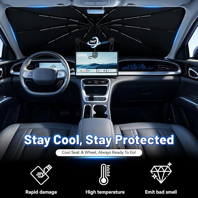 Foldable Car Windshield Sun Shade Umbrella with Rearview Mirror Notch, Titanium Silver UV Blocker for Heat Reduction, Bendable Handle & Anti-Scratch Tips, Fits Sedan Compact SUV (Medium 54"x31")