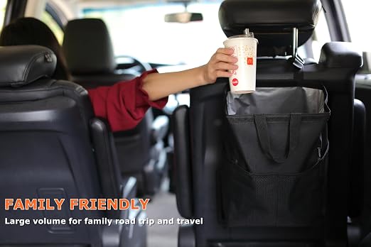 Ginsco New Leak-Proof Travel Car Trash Bag, 3.5 Gallons Large Capacity Hanging Car Trash Can with Hook and Loop Lid and Handle, Multipurpose Trash Bin with Storage Pockets for SUV RV Camping (Black)